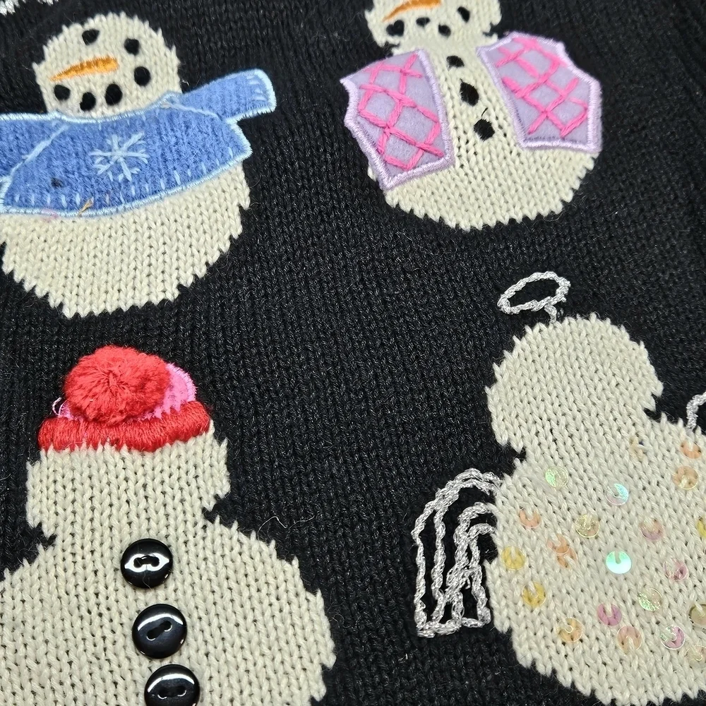 NEW Susan Bristol Embellished Beaded Snowmen Black Cardigan Sweater Medium
